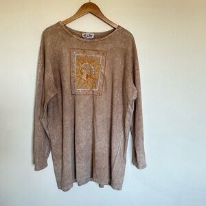 OS Liz & Jane clothes Sun Embroidered Tan Long Sleeve T Shirt dress celestial